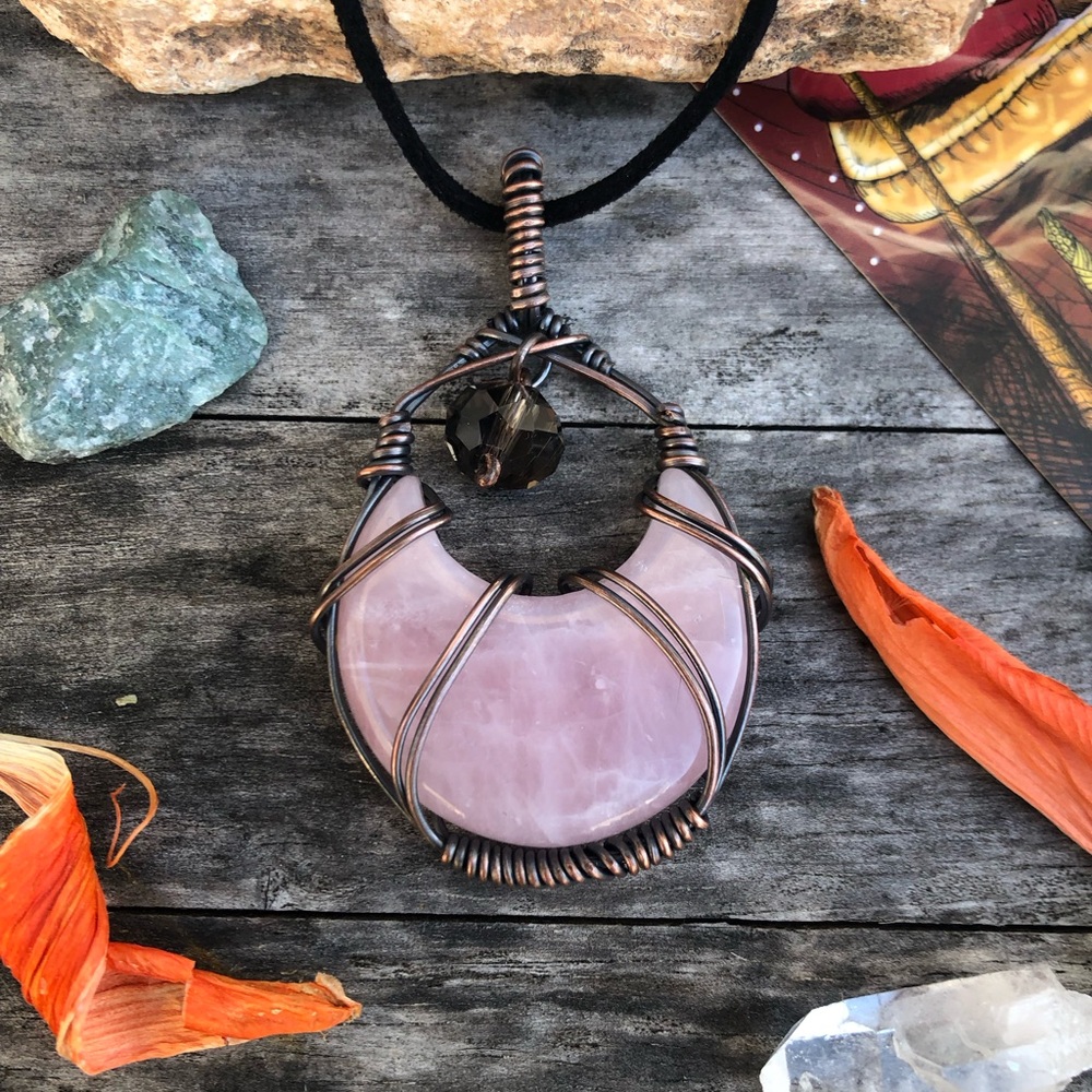 Oxidized Wire Wrapped Rose Quartz Crescent Moon Crystal Pendant Necklace